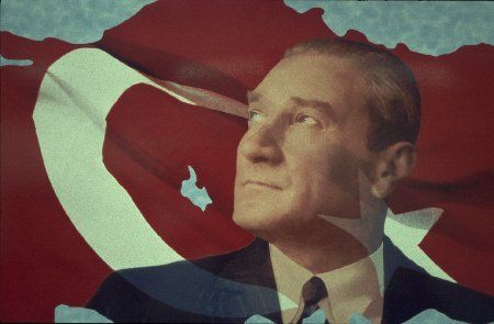 Portrait of Ataturk in front of the
  Turkish flag
